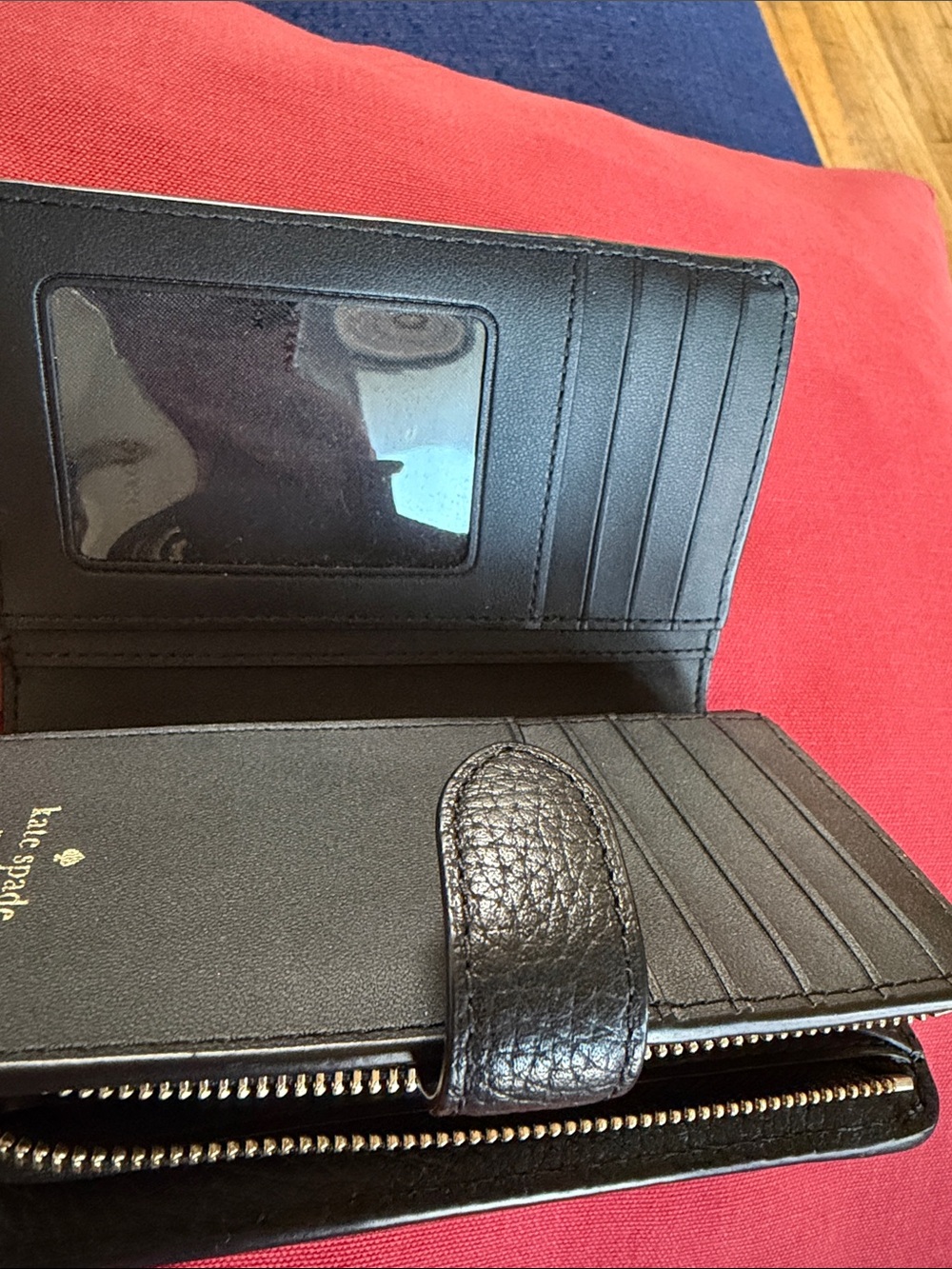 kate spade Black Leather Compact Zip Card Wallet with Gold Logo - Picture 5 of 10
